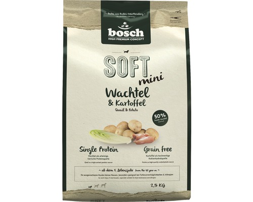 Hundefutter trocken Bosch Soft Mini Wachtel & Kartoffel 2,5 kg Bosch Soft Mini Hundetrockenfutter mit Wachtel und Kartoffel in 2,5 Kilogramm Verpackung