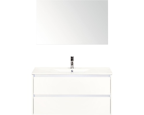 Badmöbel-Set Sanox Dante BxHxT 101 x 170 x 46 cm Frontfarbe weiß hochglanz mit Waschtisch Keramik weiß und Keramik-Waschtisch Spiegel Waschtischunterschrank