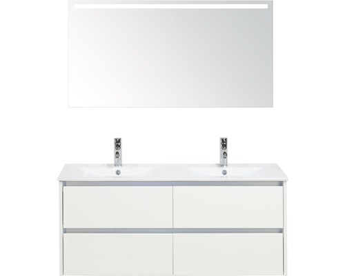 Badmöbel-Set Sanox Dante BxHxT 121 x 170 x 46 cm Frontfarbe weiß hochglanz mit Waschtisch Keramik weiß und Keramik-Doppelwaschtisch Spiegel mit LED-Beleuchtung Waschtischunterschrank