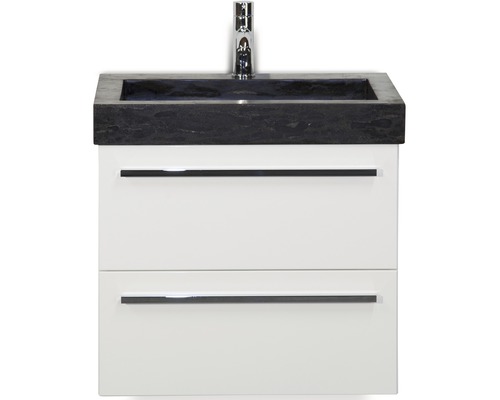 Badmöbel-Set Sanox Seville BxHxT 61 x 58 x 45,5 cm Frontfarbe weiß hochglanz mit Waschtisch Naturstein schwarz