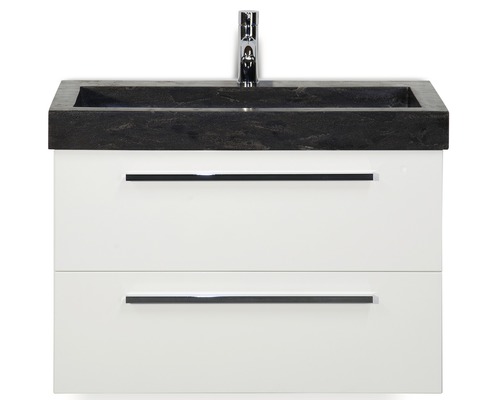 Badmöbel-Set Sanox Seville BxHxT 81 x 58 x 45,5 cm Frontfarbe weiß hochglanz mit Waschtisch Naturstein schwarz