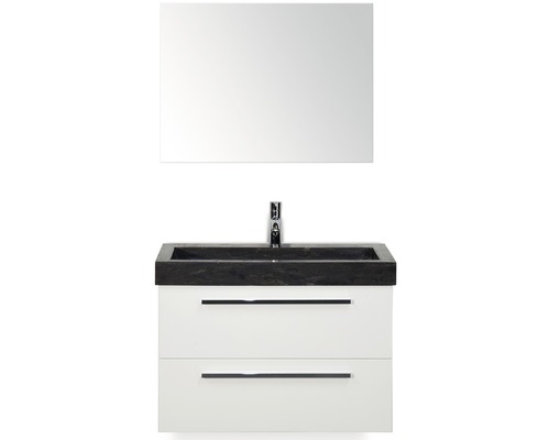 Badmöbel-Set Sanox Seville BxHxT 81 x 170 x 45,5 cm Frontfarbe weiß hochglanz mit Waschtisch Naturstein schwarz und Waschtischunterschrank Waschtisch Spiegel