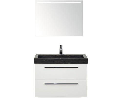 Badmöbel-Set Sanox Seville BxHxT 81 x 170 x 45,5 cm Frontfarbe weiß hochglanz mit Waschtisch Naturstein schwarz und Waschtischunterschrank Waschtisch Spiegel mit LED-Beleuchtung