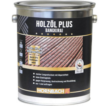 Eine Dose Hornbach Holzöl Plus in der Sorte Bangkirai mit Schutz gegen Wasser, UV Strahlung und Witterung für den Außenbereich.