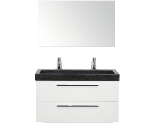 Badmöbel-Set Sanox Seville BxHxT 101 x 170 x 45,5 cm Frontfarbe weiß hochglanz mit Waschtisch Naturstein schwarz und Naturstein-Doppelwaschtisch Waschtischunterschrank Spiegel