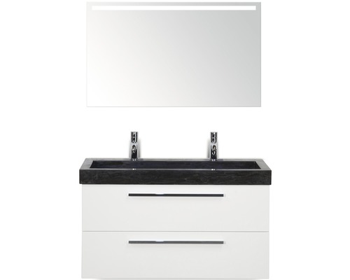 Badmöbel-Set Sanox Seville BxHxT 101 x 170 x 45,5 cm Frontfarbe weiß hochglanz mit Waschtisch Naturstein schwarz und Naturstein-Doppelwaschtisch Waschtischunterschrank Spiegel mit LED-Beleuchtung Waschtischkombination mit Spiegel und zwei Schubladen