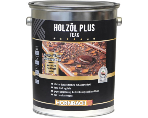 HORNBACH Holzoel Plus Teak Holzschutzfarbe fuer den Aussenbereich in einer Metallverpackung.