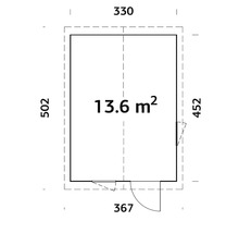 Grundriss mit Maßangaben für Gartenhaus, 13.6 Quadratmeter