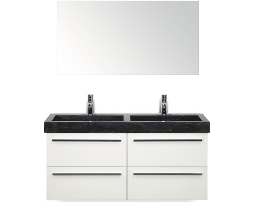 Badmöbel-Set Sanox Seville BxHxT 121 x 170 x 45,5 cm Frontfarbe weiß hochglanz mit Waschtisch Naturstein schwarz und Waschtischunterschrank Doppelwaschtisch Spiegel