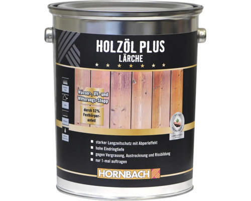Eine Dose Hornbach Holzöl Plus für Lärche zur Holzpflege und zum Schutz vor Witterung, UV-Strahlung und Wasser.