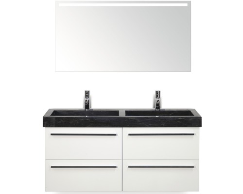 Badmöbel-Set Sanox Seville BxHxT 121 x 170 x 45,5 cm Frontfarbe weiß hochglanz mit Waschtisch Naturstein schwarz und Waschtischunterschrank Doppelwaschtisch Spiegel mit LED-Beleuchtung Waschtisch mit zwei Waschbecken, Unterschrank mit vier Schubladen und beleuchteter Spiegel