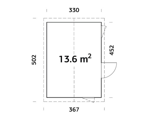 Grundriss mit Abmessungen: 502 x 330 x 367 x 452 cm, Fläche 13.6 Quadratmeter