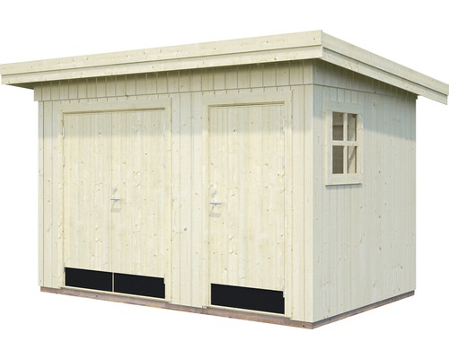 Holzgartenhaus mit zwei Türen und einem Fenster