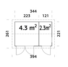 Grundrisszeichnung mit Abmessungen eines Gartenhauses