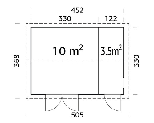 Grundrisszeichnung eines Gartenhauses mit Größenangaben