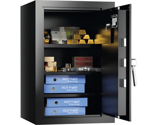 Geöffneter Tresor mit Bargeld, Goldbarren, Schmuck, Munition und Dokumenten