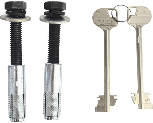 Zwei Bolzenanker mit Schrauben und Unterlegscheiben sowie zwei Schlüssel der Marke Wittkopp.