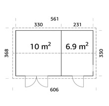 Grundriss mit Abmessungen und Flächenangaben eines Gartenhauses