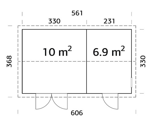 Grundriss mit Abmessungen und Flächenangaben eines Gartenhauses