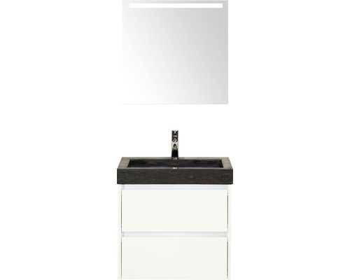 Badmöbel-Set Sanox Dante BxHxT 61 x 170 x 45,5 cm Frontfarbe weiß hochglanz mit Waschtisch Naturstein schwarz und Naturstein-Waschtisch Spiegel mit LED-Beleuchtung Waschtischunterschrank