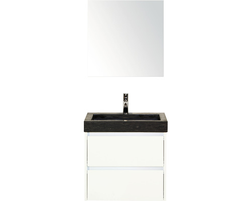 Badmöbel-Set Sanox Dante BxHxT 61 x 170 x 45,5 cm Frontfarbe weiß hochglanz mit Waschtisch Naturstein schwarz