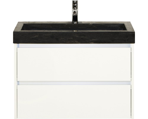 Badmöbel-Set Sanox Dante BxHxT 81 x 58 x 45,5 cm Frontfarbe weiß hochglanz mit Waschtisch Naturstein schwarz