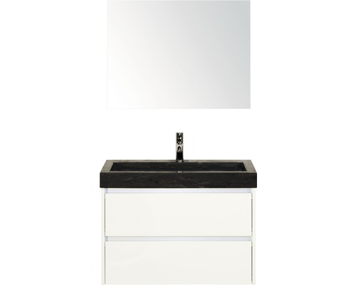 Badmöbel-Set Sanox Dante BxHxT 81 x 170 x 45,5 cm Frontfarbe weiß hochglanz mit Waschtisch Naturstein schwarz und Naturstein-Waschtisch Spiegel Waschtischunterschrank
