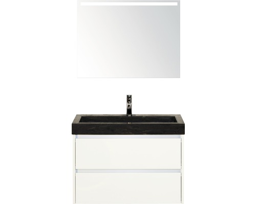 Badmöbel-Set Sanox Dante BxHxT 81 x 170 x 45,5 cm Frontfarbe weiß hochglanz mit Waschtisch Naturstein schwarz und Naturstein-Waschtisch Spiegel mit LED-Beleuchtung Waschtischunterschrank
