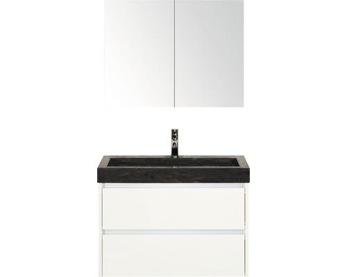 Badmöbel-Set Sanox Dante BxHxT 81 x 170 x 45,5 cm Frontfarbe weiß hochglanz mit Waschtisch Naturstein schwarz
