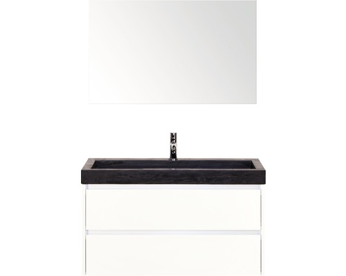 Badmöbel-Set Sanox Dante BxHxT 101 x 170 x 45,5 cm Frontfarbe weiß hochglanz mit Waschtisch Naturstein schwarz und Naturstein-Waschtisch Spiegel Waschtischunterschrank