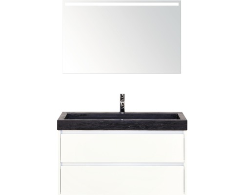 Badmöbel-Set Sanox Dante BxHxT 101 x 170 x 45,5 cm Frontfarbe weiß hochglanz mit Waschtisch Naturstein schwarz und Naturstein-Waschtisch Spiegel mit LED-Beleuchtung Waschtischunterschrank