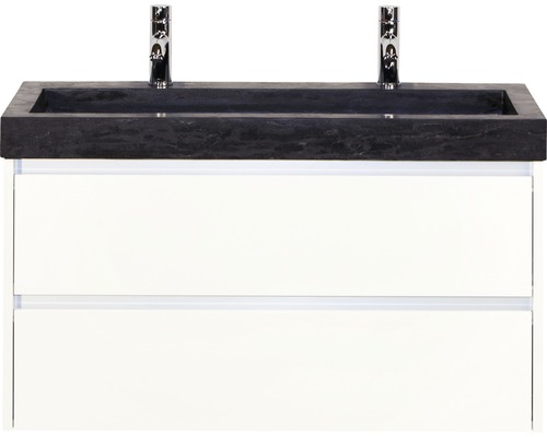 Badmöbel-Set Sanox Dante BxHxT 101 x 58 x 45,5 cm Frontfarbe weiß hochglanz mit Waschtisch Naturstein schwarz