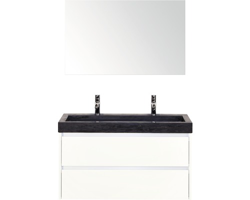 Badmöbel-Set Sanox Dante BxHxT 101 x 170 x 45,5 cm Frontfarbe weiß hochglanz mit Waschtisch Naturstein schwarz und Naturstein-Doppelwaschtisch Spiegel Waschtischunterschrank
