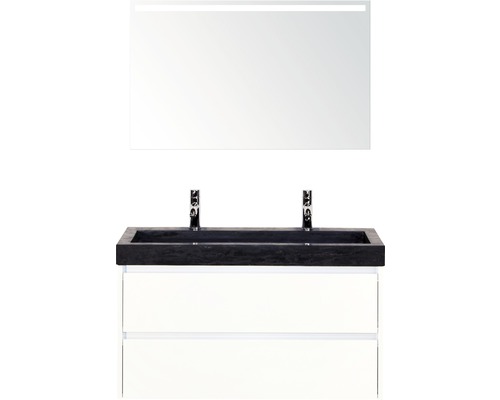 Badmöbel-Set Sanox Dante BxHxT 101 x 170 x 45,5 cm Frontfarbe weiß hochglanz mit Waschtisch Naturstein schwarz und Naturstein-Doppelwaschtisch Spiegel mit LED-Beleuchtung Waschtischunterschrank