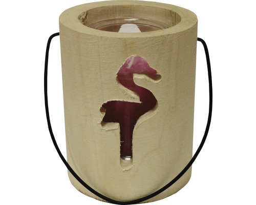 Windlicht aus Holz mit Flamingo-Motiv und Tragegriff