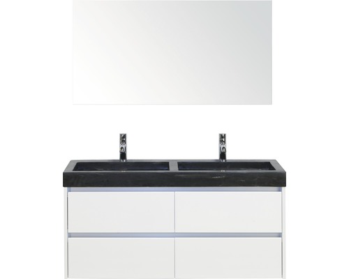 Badmöbel-Set Sanox Dante BxHxT 121 x 170 x 45,5 cm Frontfarbe weiß hochglanz mit Waschtisch Naturstein schwarz und Naturstein-Doppelwaschtisch Spiegel Waschtischunterschrank