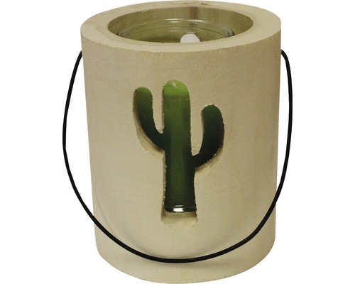 Windlicht aus Holz mit Kaktusmotiv und Tragegriff