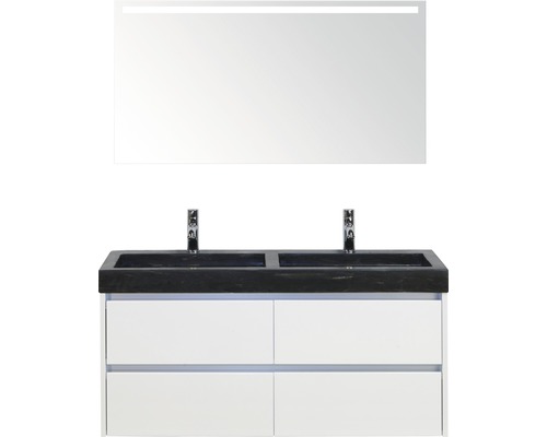 Badmöbel-Set Sanox Dante BxHxT 121 x 170 x 45,5 cm Frontfarbe weiß hochglanz mit Waschtisch Naturstein schwarz und Naturstein-Doppelwaschtisch Spiegel mit LED-Beleuchtung Waschtischunterschrank