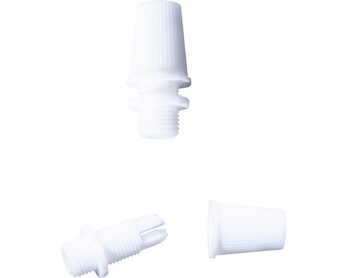 Drei weiße Zugentlastungen für Elektrokabel