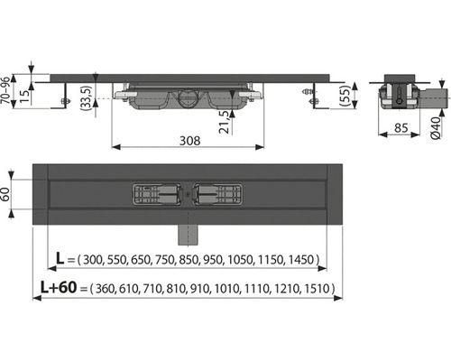 Technische Zeichnung einer Duschrinne mit Maßangaben
