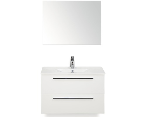 Badmöbel-Set Sanox Seville BxHxT 81 x 170 x 46 cm Frontfarbe weiß hochglanz mit Waschtisch Keramik weiß und Waschtischunterschrank Waschtisch Spiegel