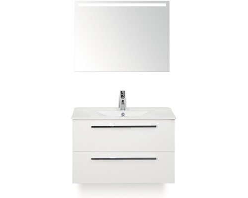 Badmöbel-Set Sanox Seville BxHxT 81 x 170 x 46 cm Frontfarbe weiß hochglanz mit Waschtisch Keramik weiß und Waschtischunterschrank Waschtisch Spiegel mit LED-Beleuchtung