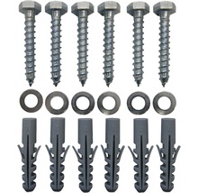 Sechs Schrauben mit Sechskantkopf, Unterlegscheiben und Dübel