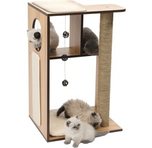 Katzenkratzbaum mit mehreren Ebenen, Kratzsäule und spielenden Katzen