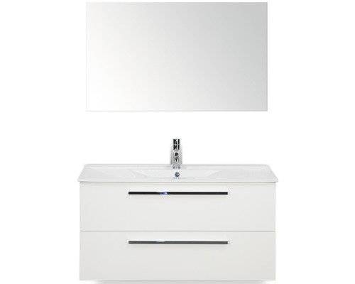 Badmöbel-Set Sanox Seville BxHxT 101 x 170 x 46 cm Frontfarbe weiß hochglanz mit Waschtisch Keramik weiß und Waschtischunterschrank Waschtisch Spiegel
