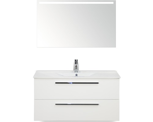 Badmöbel-Set Sanox Seville BxHxT 101 x 170 x 46 cm Frontfarbe weiß hochglanz mit Waschtisch Keramik weiß und Waschtischunterschrank Waschtisch Spiegel mit LED-Beleuchtung-0