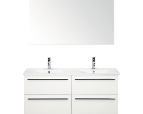 Badmöbel-Set Sanox Seville BxHxT 121 x 170 x 46 cm Frontfarbe weiß hochglanz mit Waschtisch Keramik weiß und Waschtischunterschrank Doppelwaschtisch Spiegel