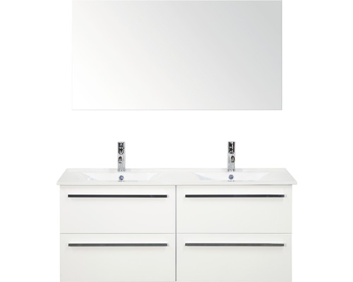Badmöbel-Set Sanox Seville BxHxT 121 x 170 x 46 cm Frontfarbe weiß hochglanz mit Waschtisch Keramik weiß und Waschtischunterschrank Doppelwaschtisch Spiegel Waschtisch mit Doppelwaschbecken, Unterschrank mit Schubladen und Spiegel für das Badezimmer