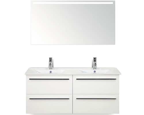 Badmöbel-Set Sanox Seville BxHxT 121 x 170 x 46 cm Frontfarbe weiß hochglanz mit Waschtisch Keramik weiß und Waschtischunterschrank Doppelwaschtisch Spiegel mit LED-Beleuchtung Waschtisch mit Doppelwaschbecken, Unterschrank und Spiegel mit Beleuchtung