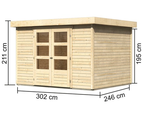 Holzgartenhaus mit Doppeltür und Maßangaben